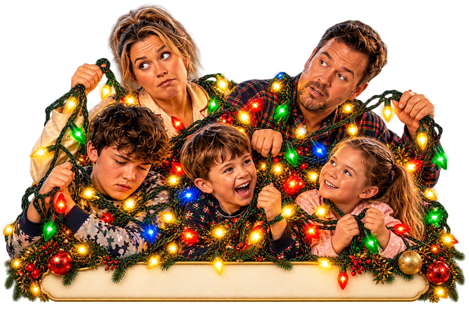The five Christmas Chaos family members tangled in colourful Christmas lights